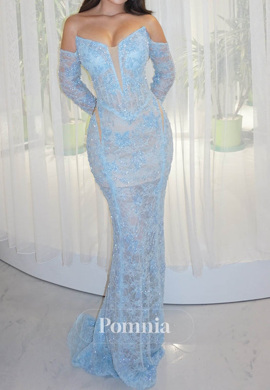 Sky Blue Long Sleeves Off-Shoulder Ruched Lace Prom Dress