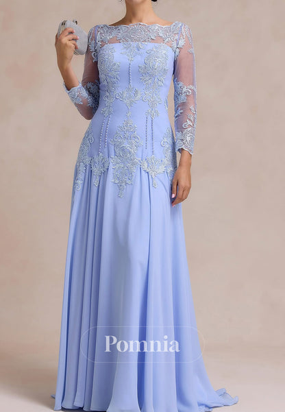 Sky Blue Long Sleeves Scoop Apliques A-Line Mother of the Bride Dress