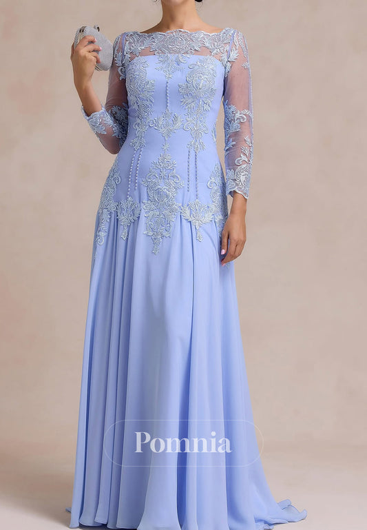 Sky Blue Long Sleeves Scoop Apliques A-Line Mother of the Bride Dress