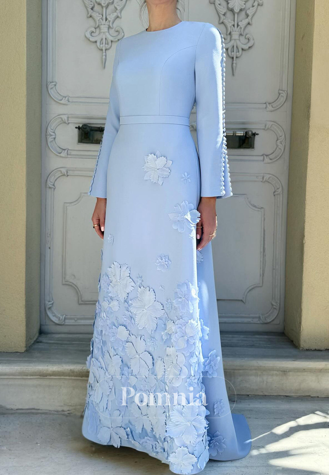 Sky Blue Long Sleeves Scoop Appliques Evening Dress