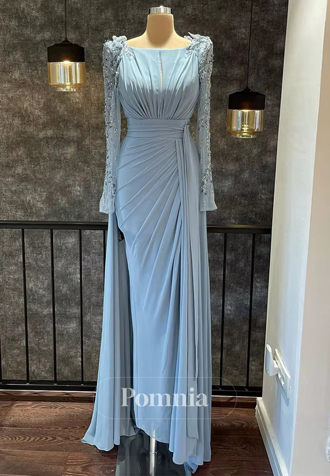 Sky Blue Long Sleeves Scoop Appliques Evening Dress