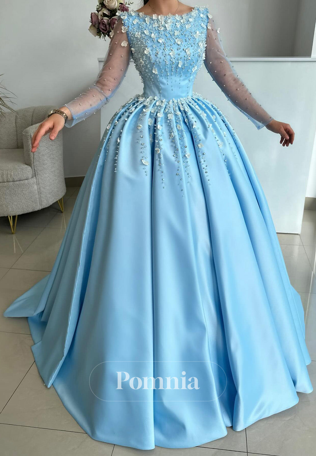 Sky Blue Long Sleeves Scoop Pearls A-Line Prom Dress
