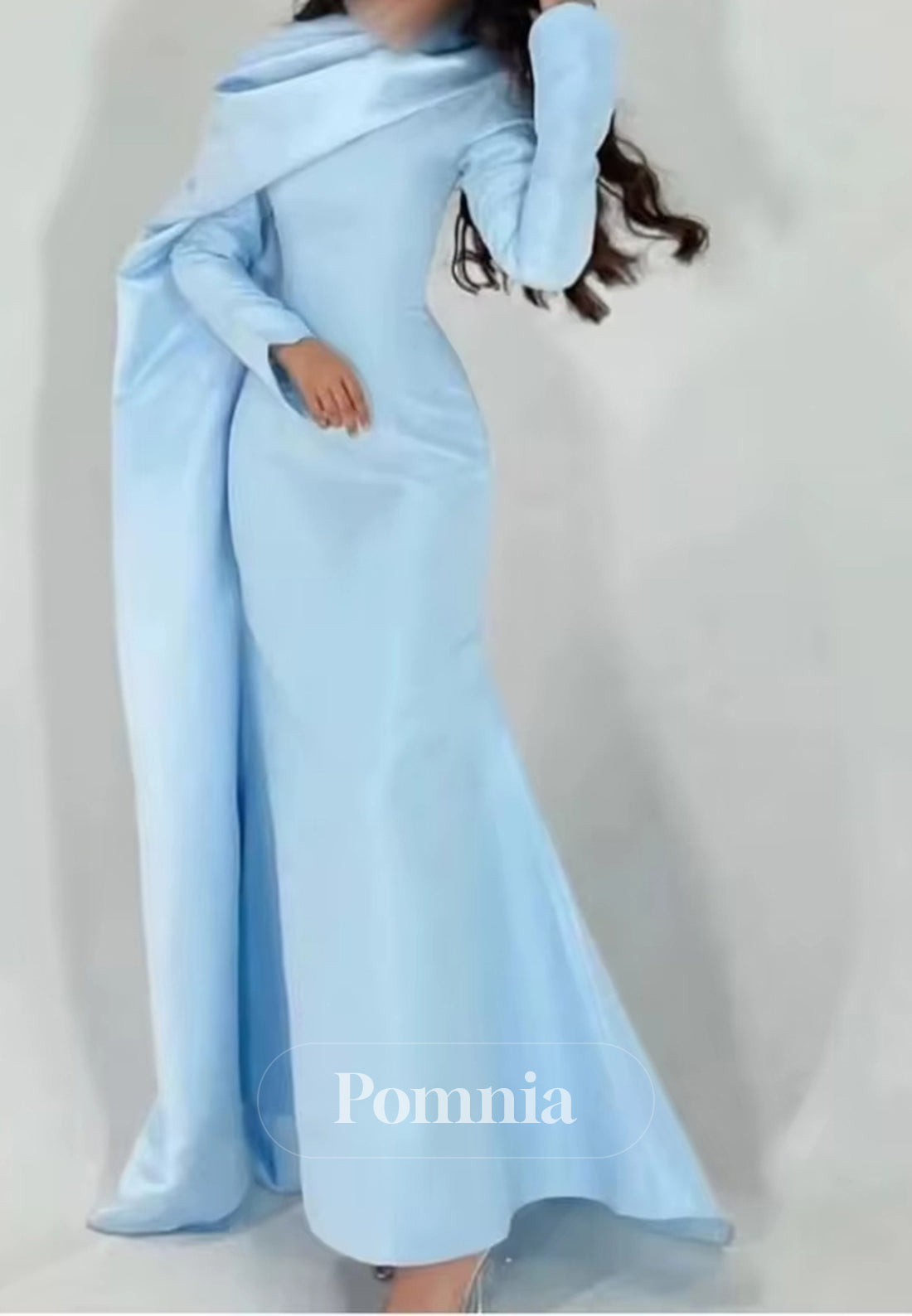 Sky Blue Long Sleeves Scoop Ruched Corset Evening Dress