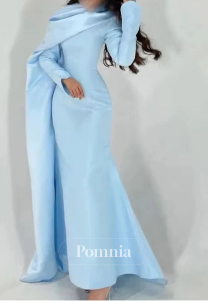 Sky Blue Long Sleeves Scoop Ruched Corset Evening Dress