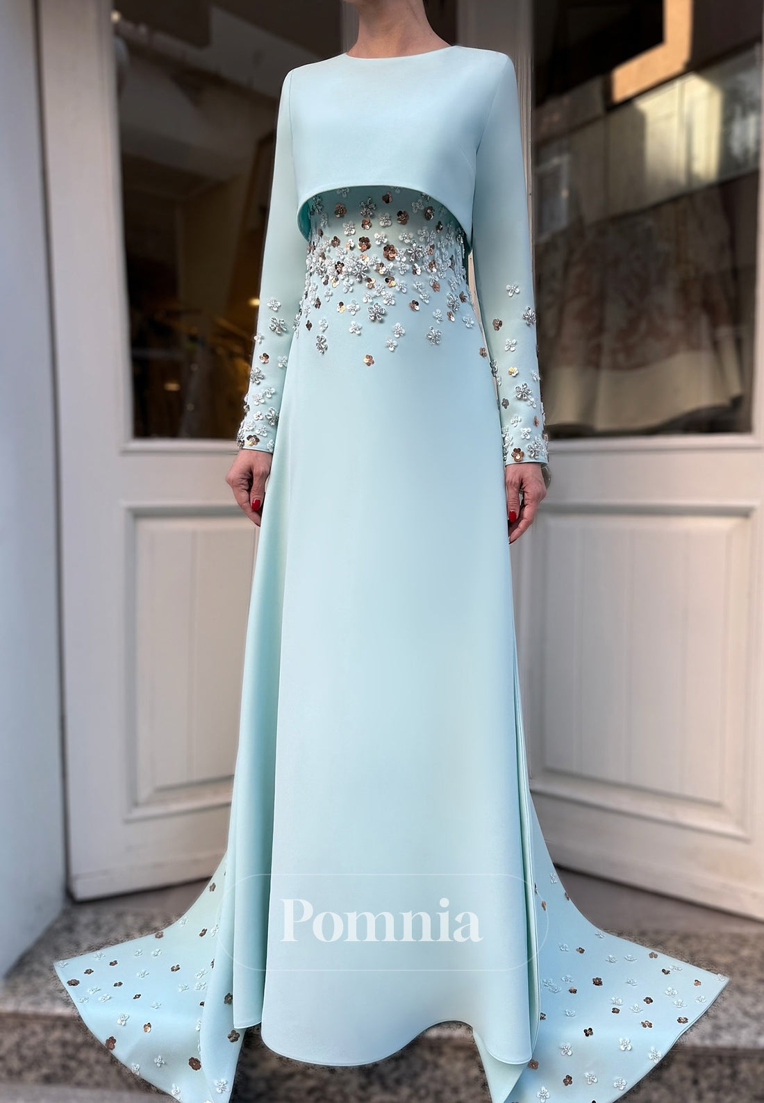 Sky Blue Long Sleeves Scoop Sequins Evening Dress