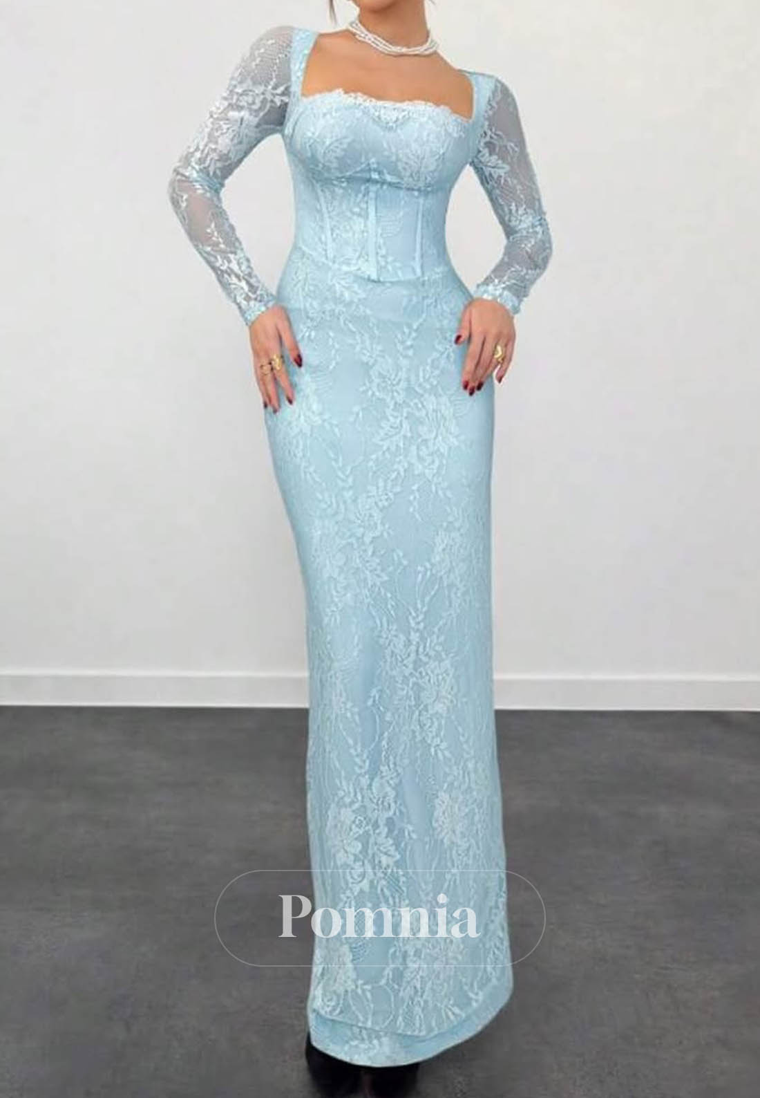 Sky Blue Long Sleeves Square Appliques Prom Dress