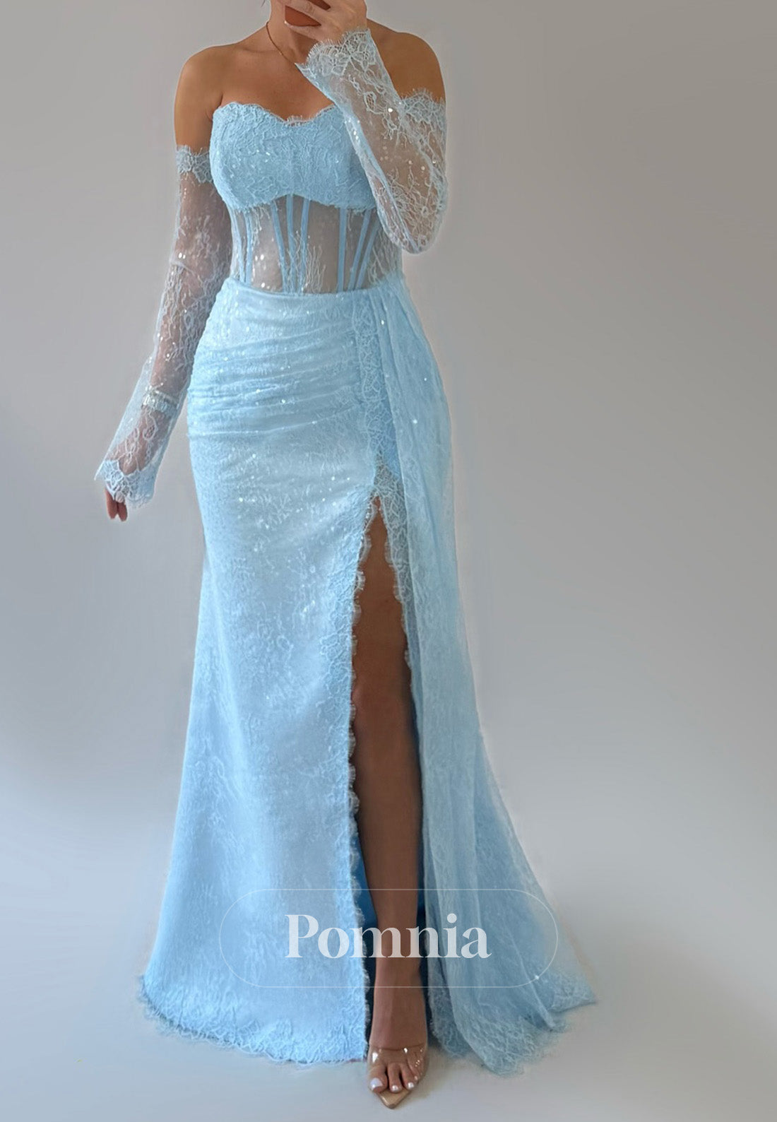 Sky Blue Off-Shoulder Long Sleeves Slit Corset Tulle Prom Dress