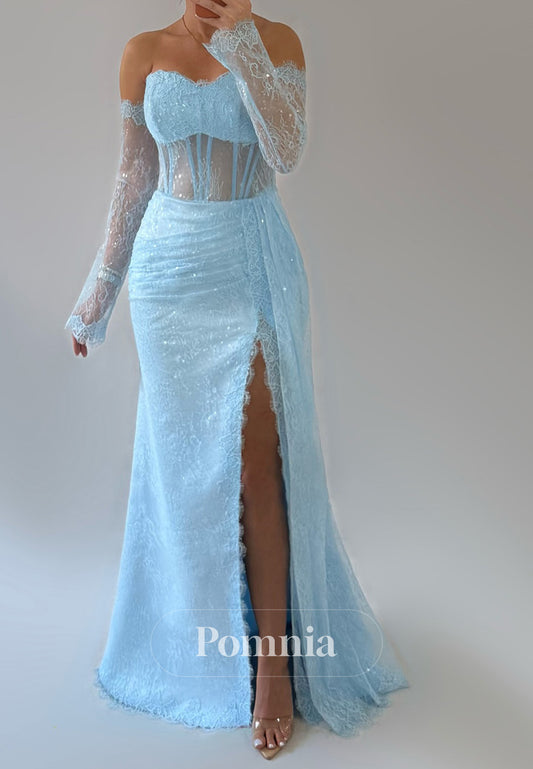 Sky Blue Off-Shoulder Long Sleeves Slit Corset Tulle Prom Dress