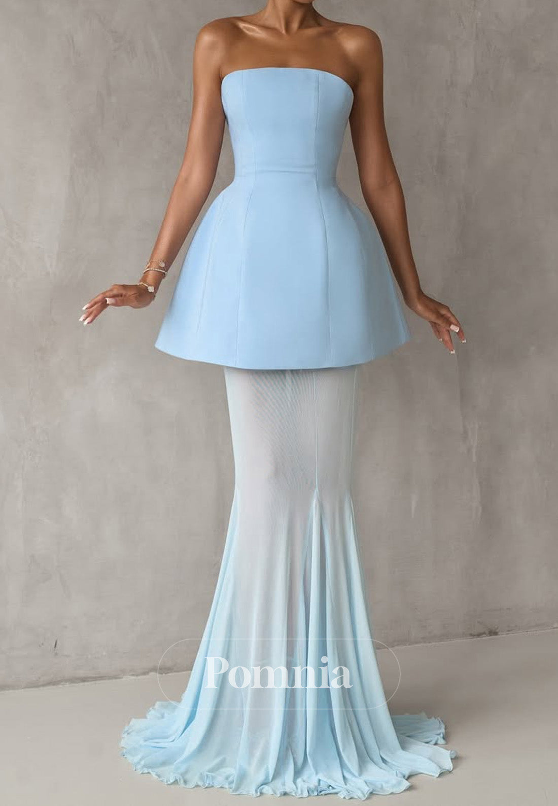 Sky Blue Sleeveless Strapless Mermaid Prom Dress