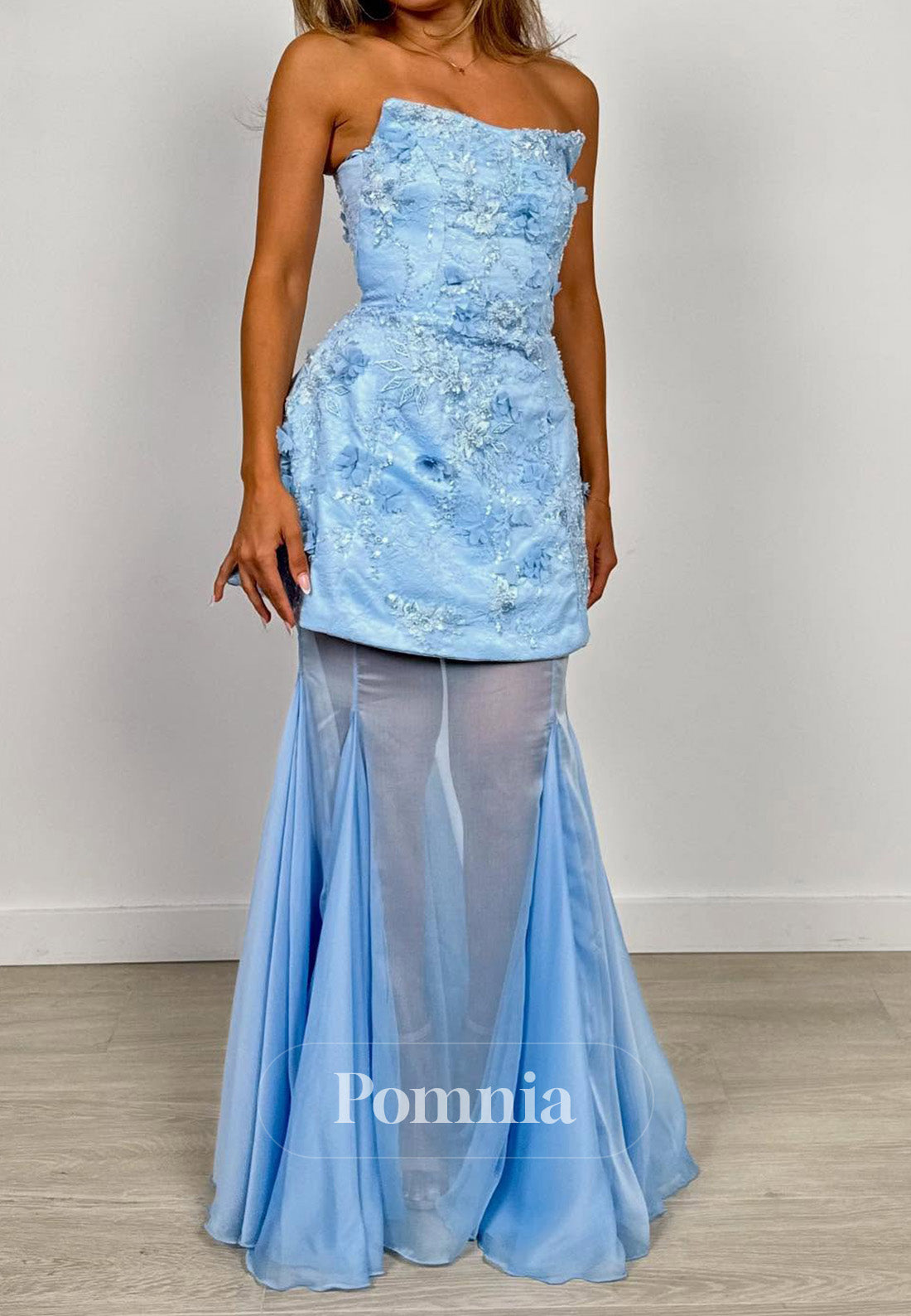 Sky Blue Sleeveless Strapless Pearls A-Line Prom Dress