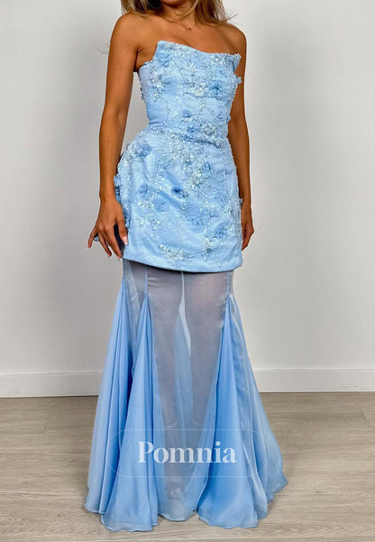 Sky Blue Sleeveless Strapless Pearls A-Line Prom Dress