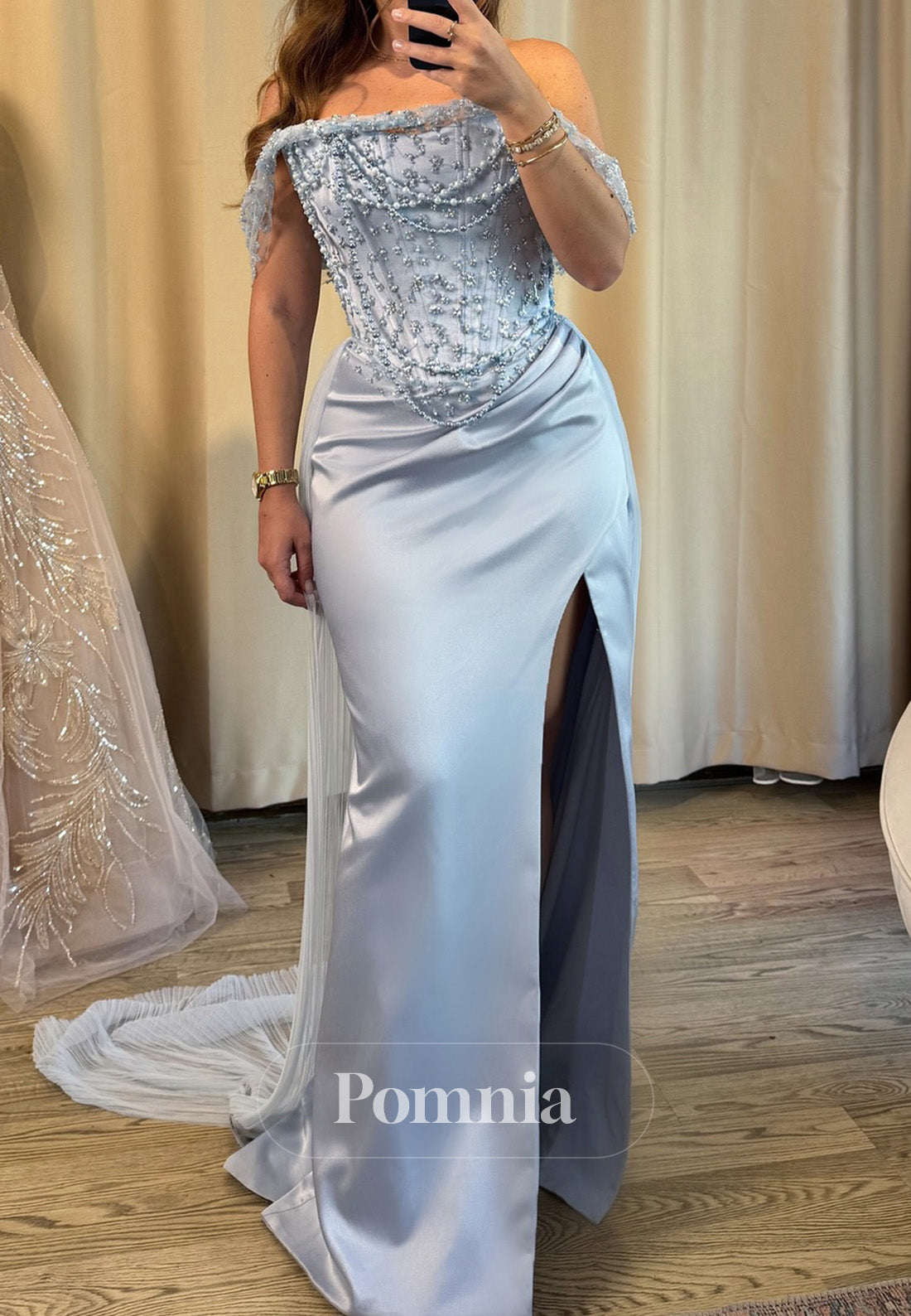 Sky Blue Sleeveless Strapless Pearls Slit Prom Dress