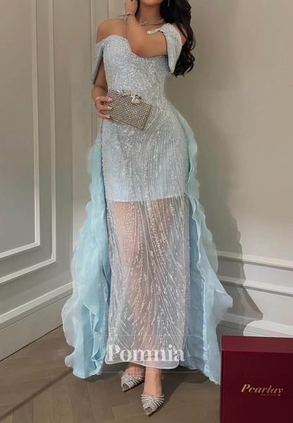 Sky Blue Sleeveless Strapless Sequins Prom Dress