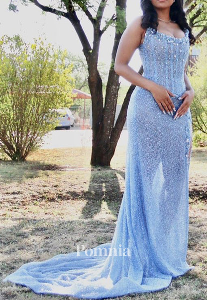 Sky Blue Sleeveless Strapless Sequins Slit Sheath Prom Dress