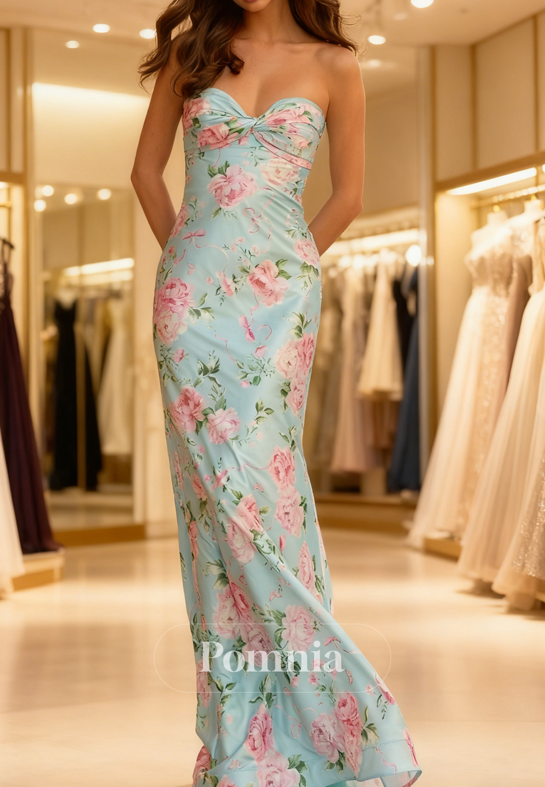 Sky Blue Sleeveless Strapless Sheath Prom Dress