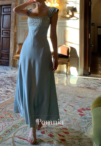 Sky Blue Spaghetti Straps Scoop A-Line Prom Dress