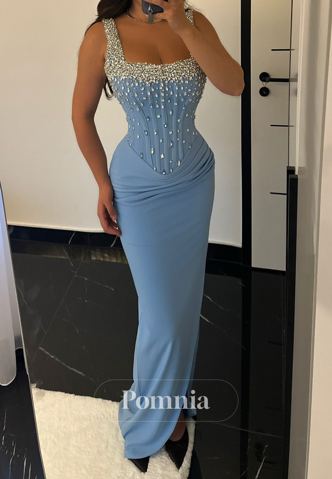 Sky Blue Spaghetti Straps Square Sequins Sheath Evening Dress