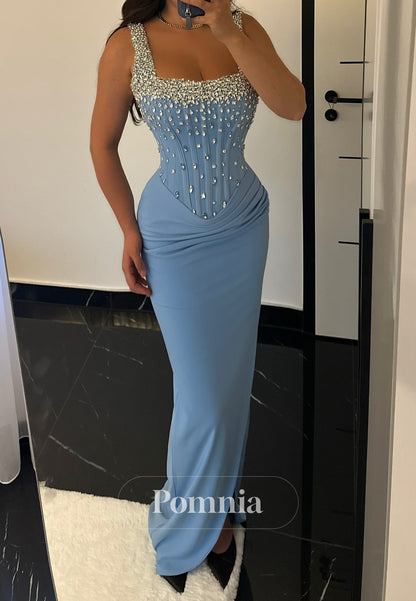 Sky Blue Spaghetti Straps Square Sequins Sheath Evening Dress