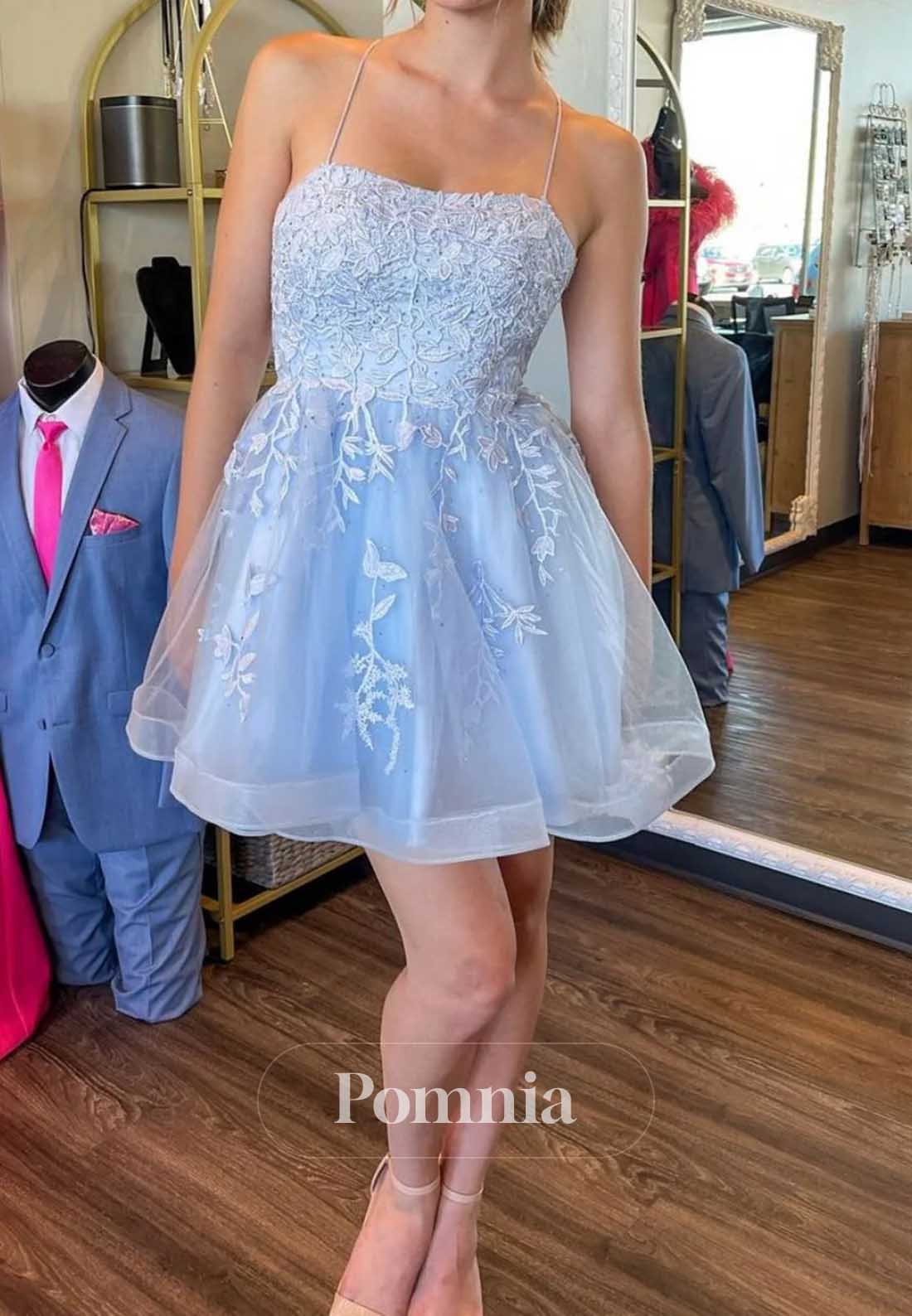 Sky Blue Spaghetti Straps Sweetheart Appliques Homecoming Dress