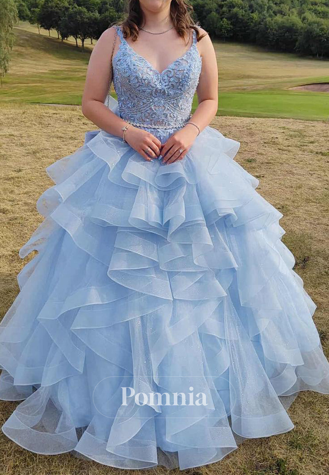 Sky Blue Spaghetti Straps Sweetheart Ruffles Prom Dress