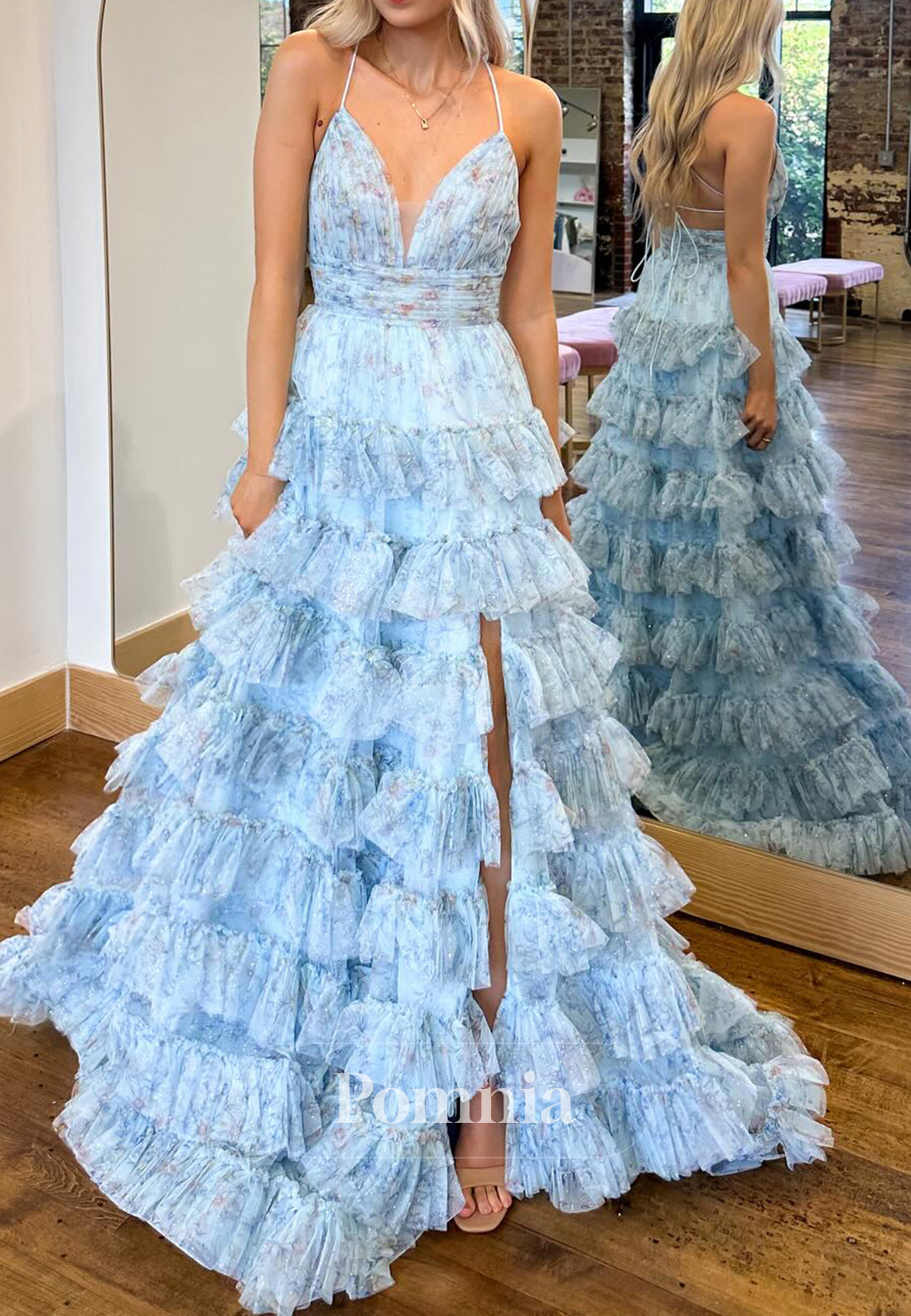 Sky Blue Spaghetti Straps Sweetheart Ruffles Slit Prom Dress