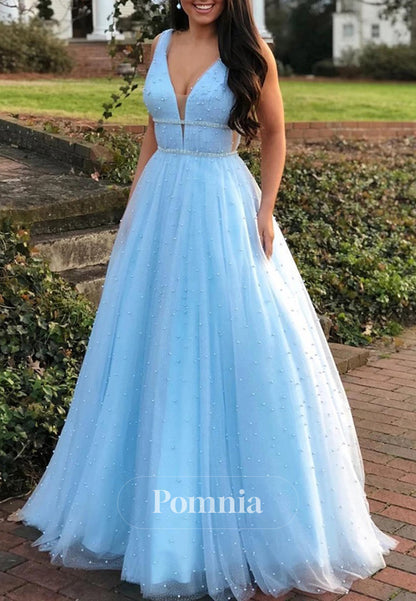 Sky Blue Spaghetti Straps V-Neck Corset Prom Dress