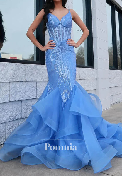 Sky Blue Spaghetti Straps V-Neck Corset Tulle Prom Dress