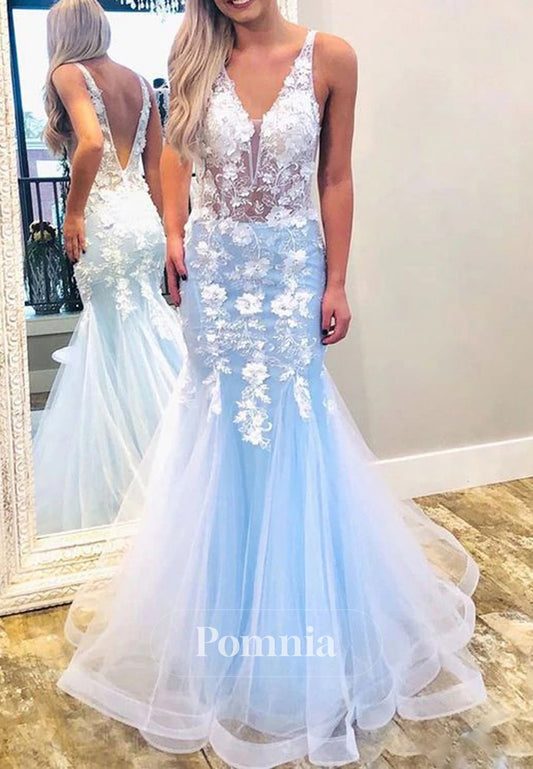 Sky Blue Spaghetti Straps V-Neck Floral Appliques Mermaid Prom Dress