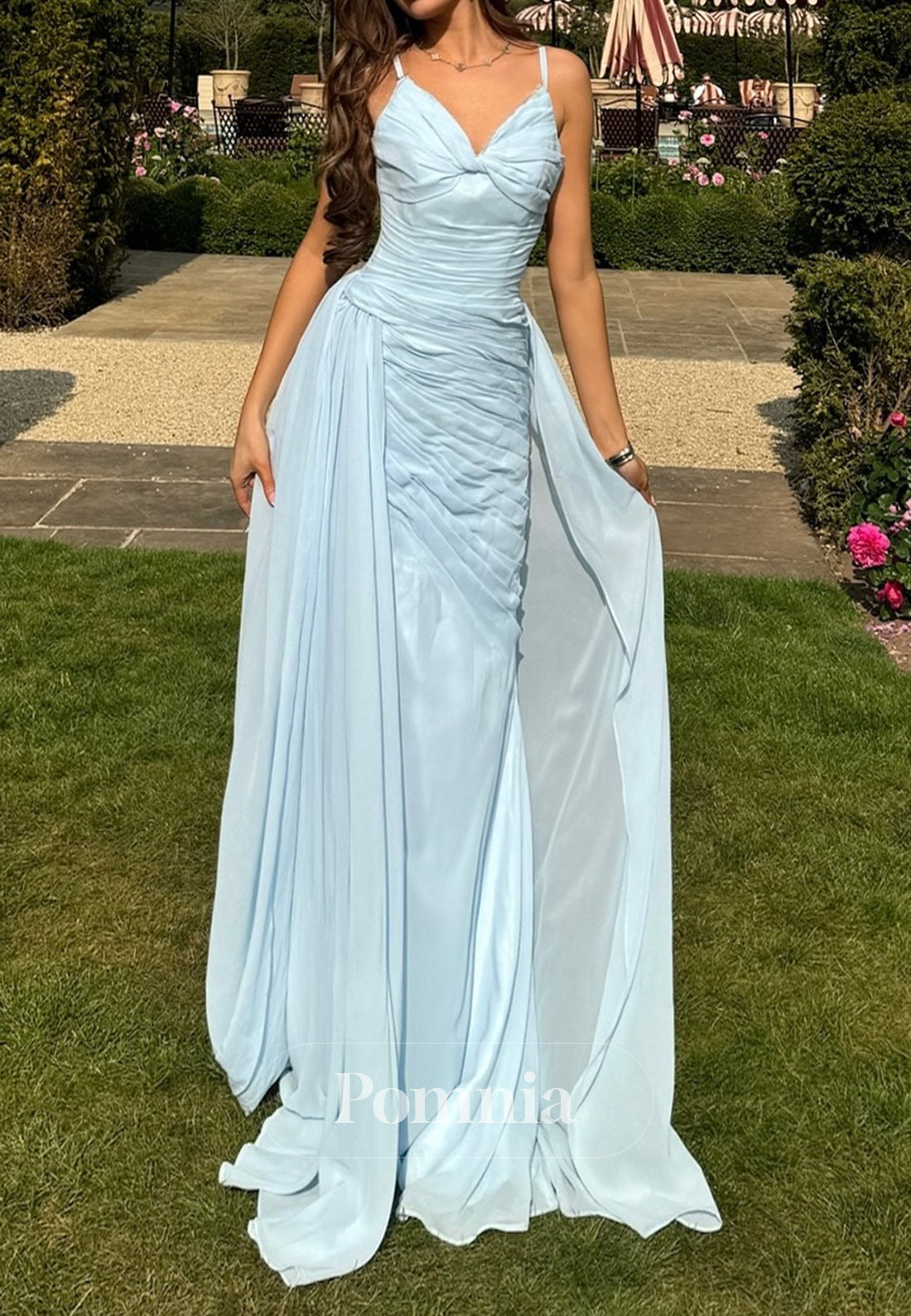 Sky Blue Spaghetti Straps V-Neck Ruched A-Line Evening Dress