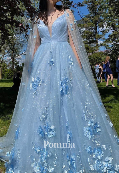 Sky Blue Sweetheart Cap Sleeveless Floral Appliques Prom Dress