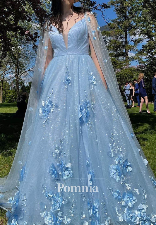 Sky Blue Sweetheart Cap Sleeveless Floral Appliques Prom Dress