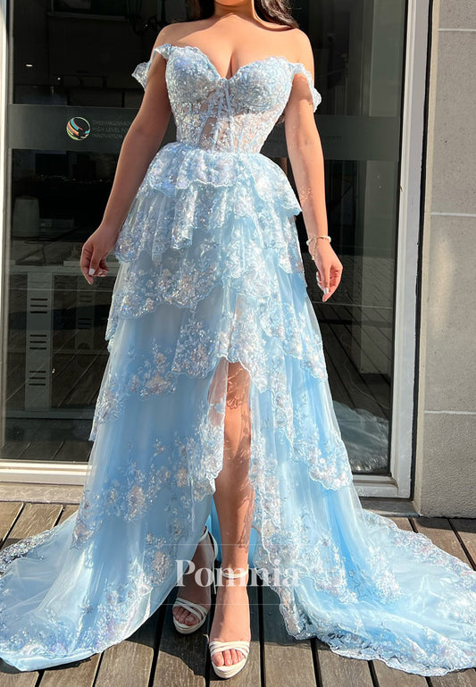 Sky Blue Sweetheart Sleeveless Slit A-Line Prom Dress