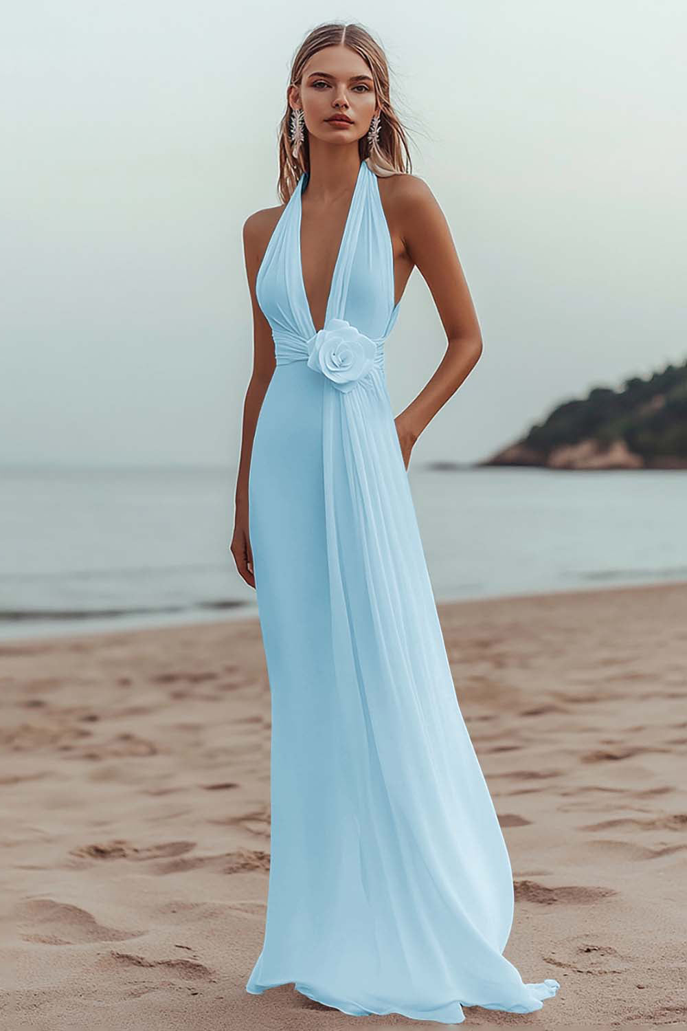 White A Line Deep V-Neck Long Engagement Dress with 3D Flower
