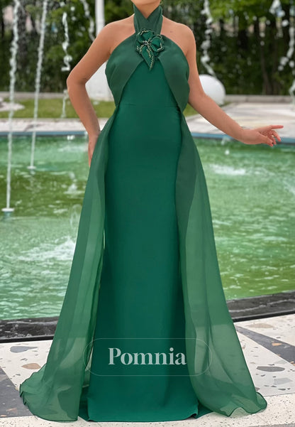 Sleeveless Halter Appliques Ruched Evening Dress