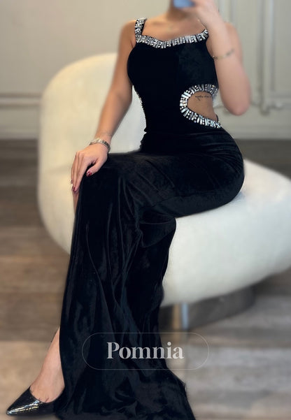 Spaghetti Straps Scoop Beads Slit Velvet Evening Dress