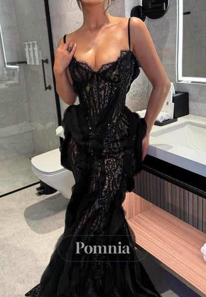 Spaghetti Straps Scoop Ruffles Mermaid Lace Prom Dress