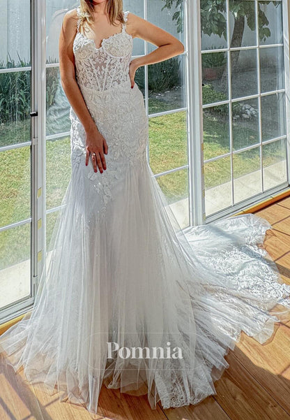 Spaghetti Straps Sweetheart Appliques Lace Wedding Dress