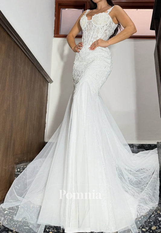 Spaghetti Straps Sweetheart Mermaid Lace Wedding Dress