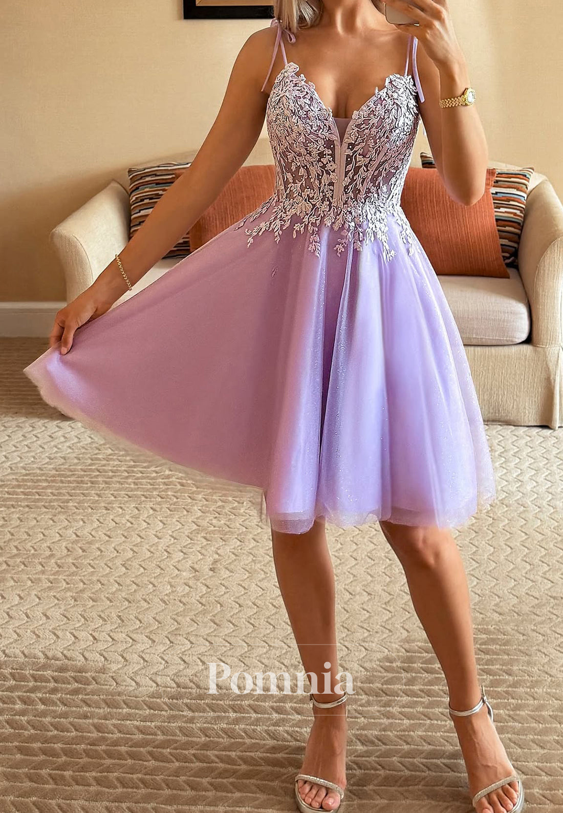 Spaghetti Straps V-Neck Appliques A-Line Homecoming Dress