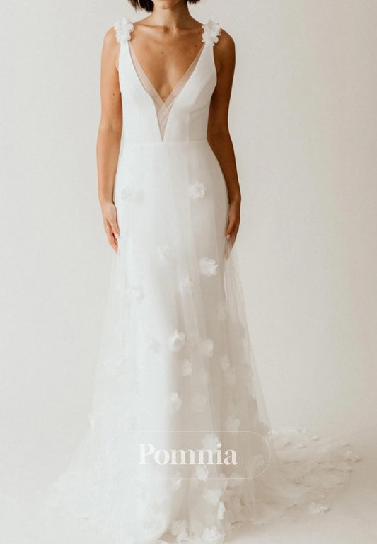 Spaghetti Straps V-Neck Appliques Backless Wedding Dress