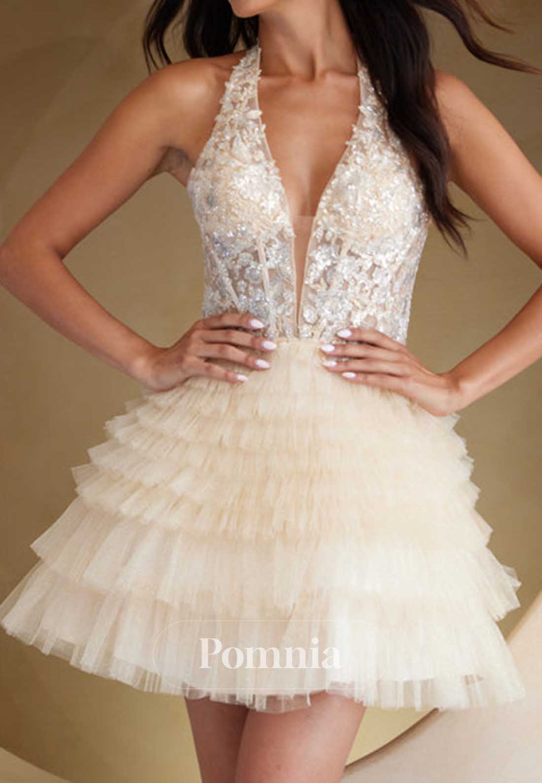 Spaghetti Straps V-Neck Appliques Ruffles Homecoming Dress