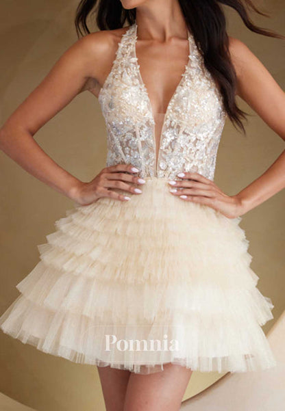 Spaghetti Straps V-Neck Appliques Ruffles Homecoming Dress