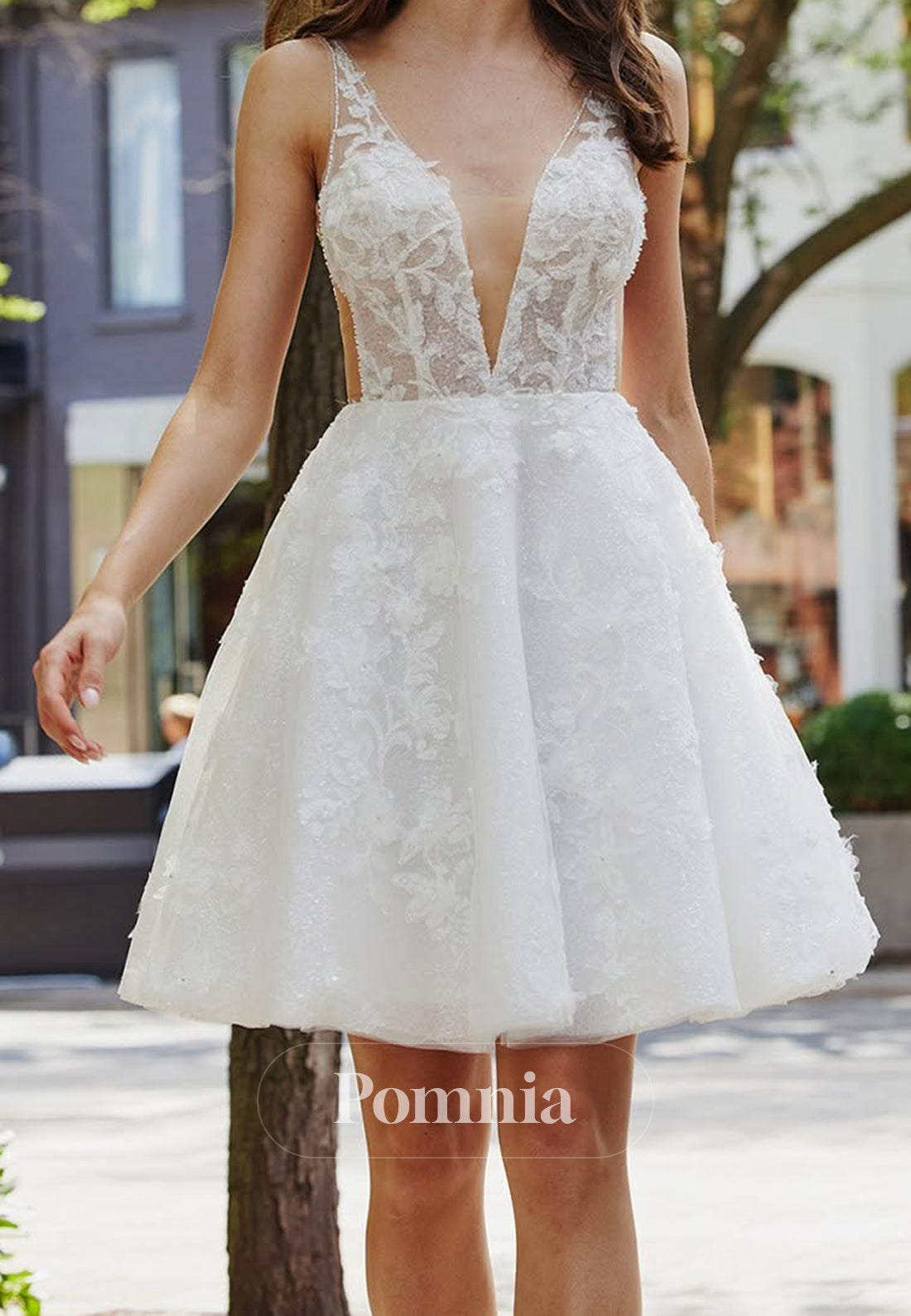 Spaghetti Straps V-Neck Backless Appliques Short Wedding Dress