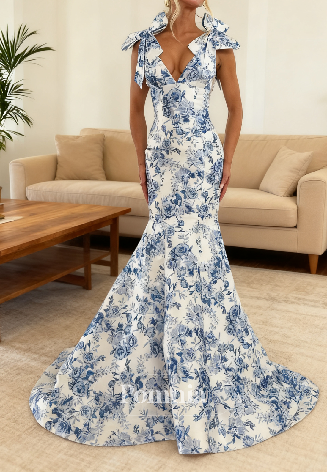 Spaghetti Straps V-Neck Bowknot Mermaid Prom Dress