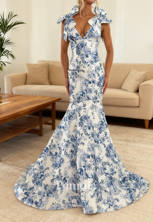 Spaghetti Straps V-Neck Bowknot Mermaid Prom Dress