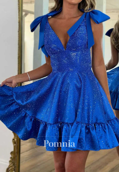 Spaghetti Straps V-Neck Bowknot Sequins Homecoming Dress