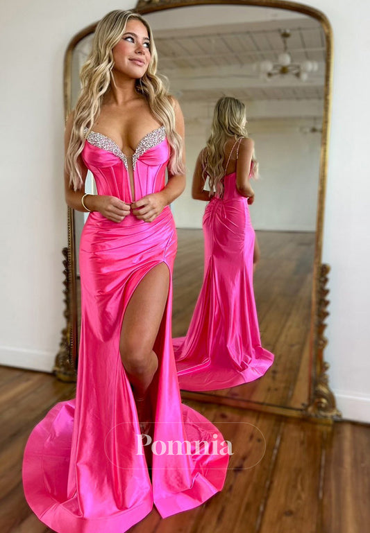 Spaghetti Straps V-Neck Prom Dress with Train Slit Evening Party Dress
