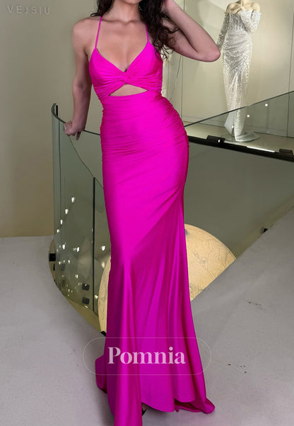 Spaghetti Straps V-Neck Ruched Floor-Length Evening Dress