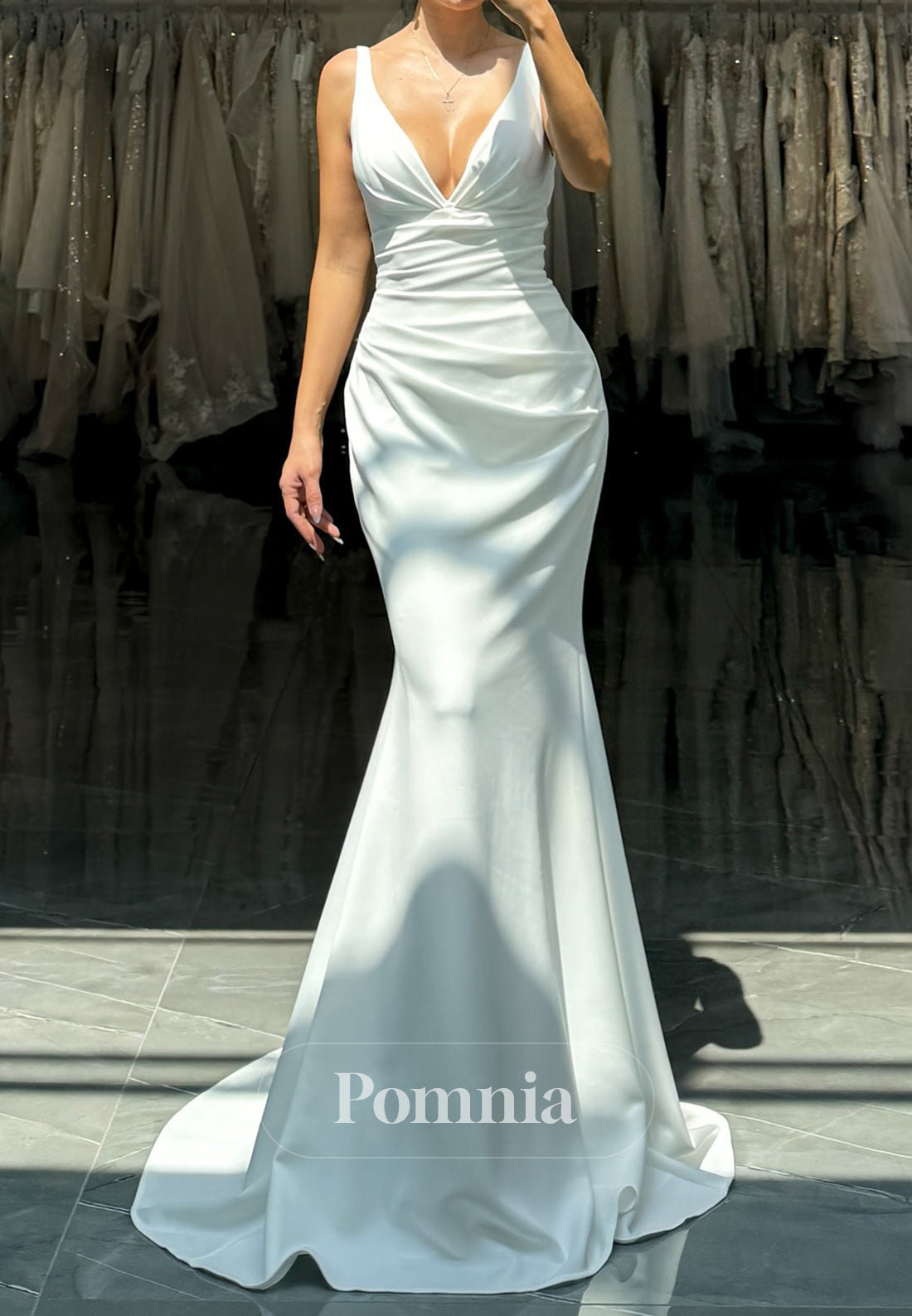 Spaghetti Straps V-Neck Ruched Satin Wedding Dress