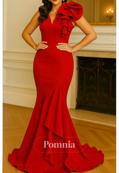 Spaghetti Straps V-Neck Ruffles Mermaid Evening Dress